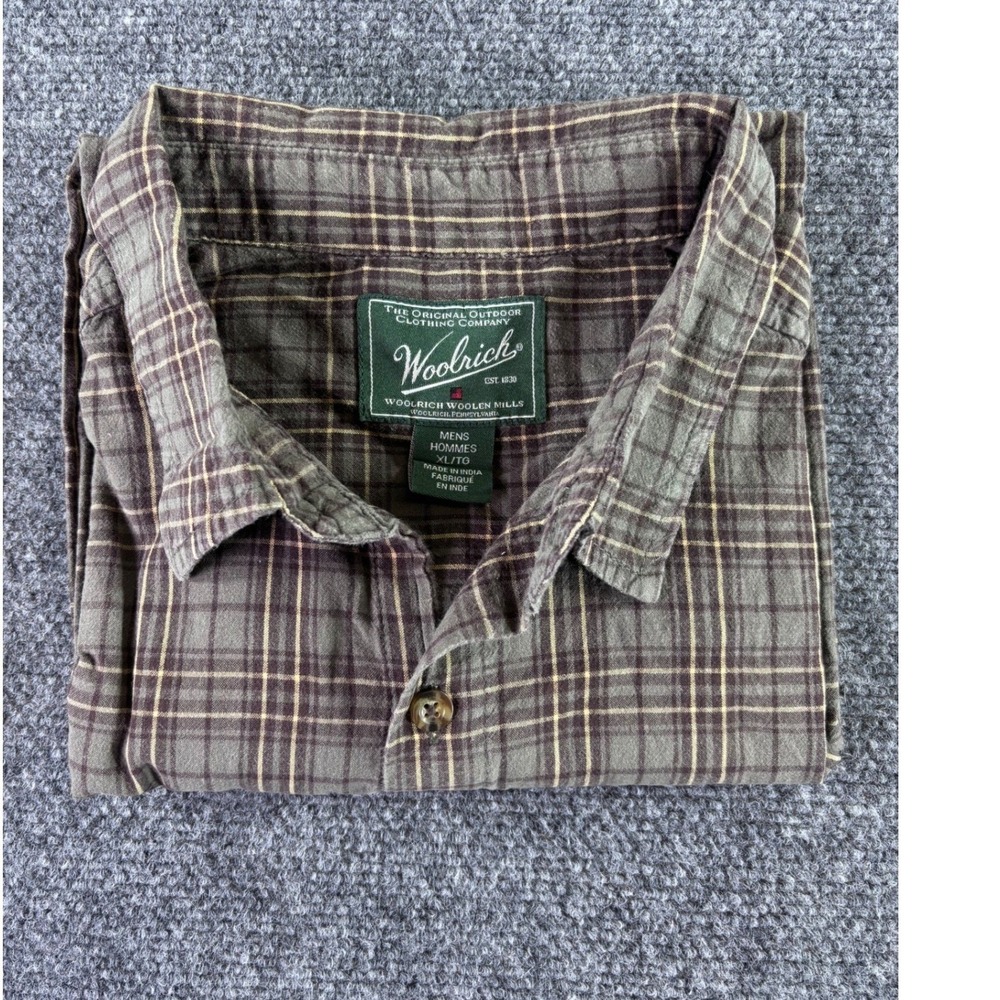 Woolrich Button Up Shirt Mens XL Olive Green Plaid Short Sleeve Cotton Outdoors